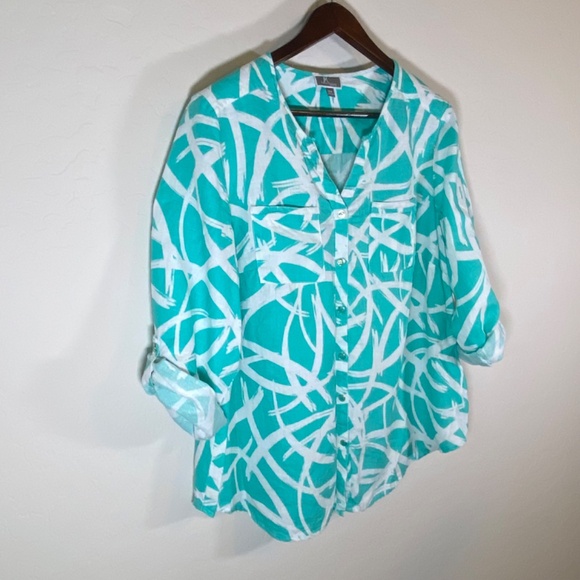 JM Collection Linen Roll-Tab Sleeve Abstract Print Top Plus Size 16W Aqua White - Picture 2 of 15